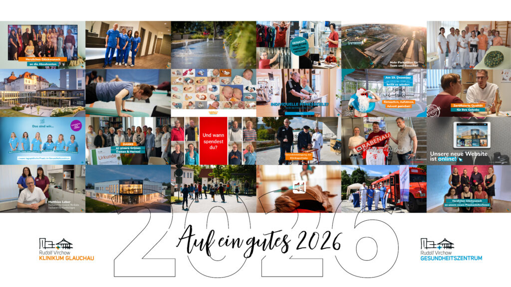 Collage aus Team- und Eventfotos des Klinikums Glauchau mit dem Schriftzug „Auf ein gutes 2026“ und den offiziellen Firmenlogos