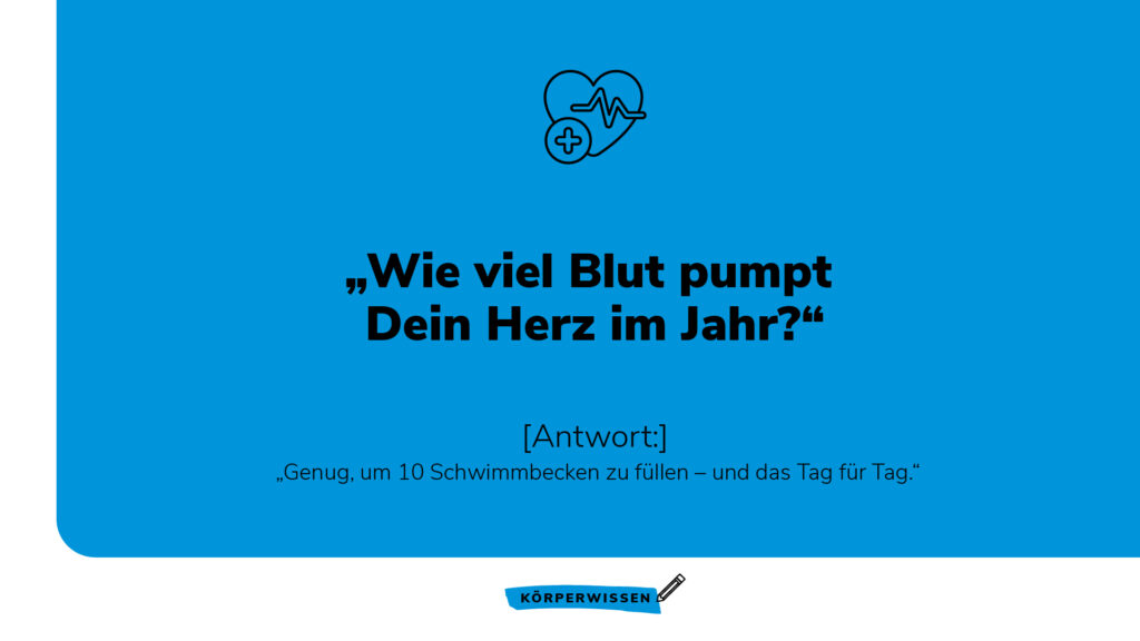 Wissenswertes über die Herzleistung: Infografik zur Frage, wie viel Blut das Herz im Jahr pumpt; Antwort: Genug, um 10 Schwimmbecken zu füllen.