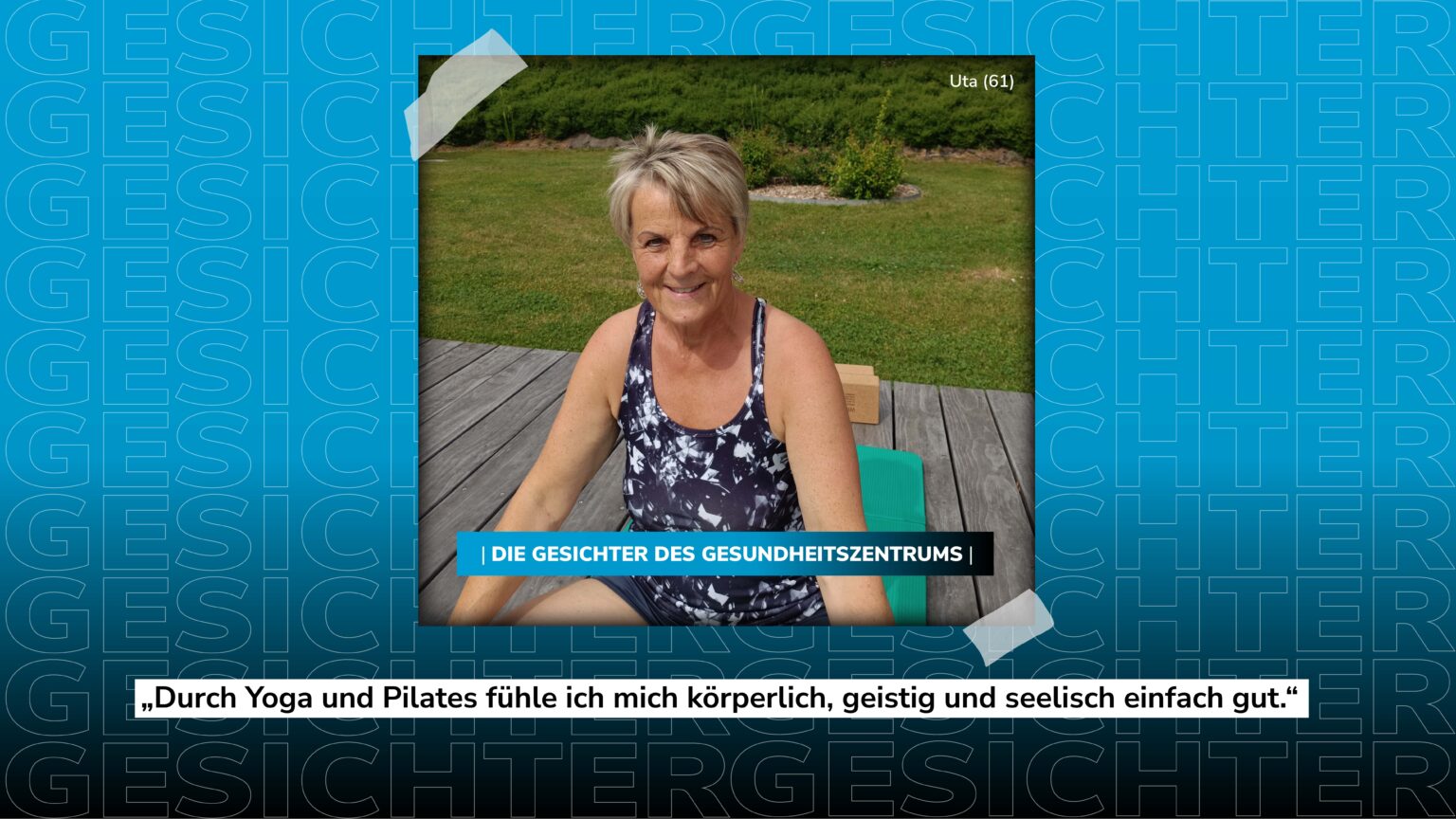 Uta (61) macht Yoga und Pilates im Außenbereich des Gesundheitszentrums.