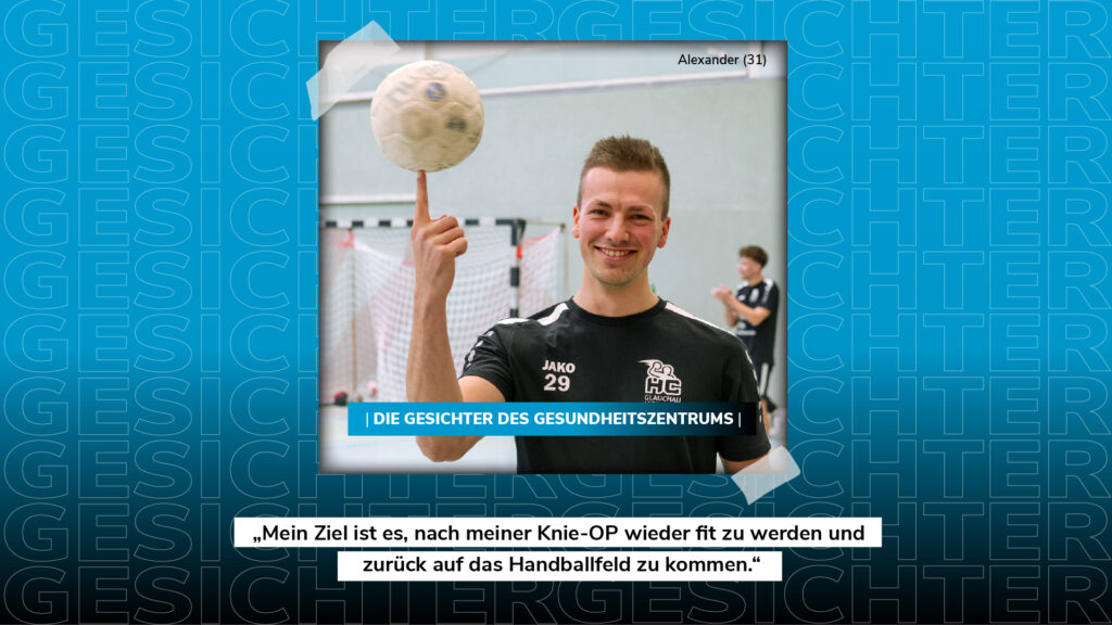 Handballspieler Alexander balanciert einen Handball auf dem Finger nach Knie-OP – Die Gesichter des Gesundheitszentrums
