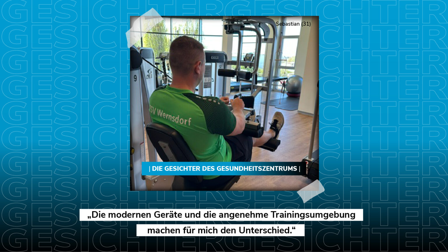 Mann beim Training an einem Fitnessgerät im Gesundheitszentrum mit Zitat zur angenehmen Trainingsumgebung