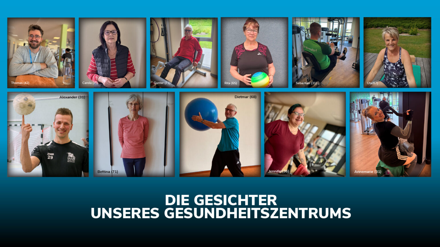 Collage mit Porträts von aktiven Mitgliedern unterschiedlichen Alters beim Training in einem Fitnessstudio, betitelt 'Die Gesichter unseres Gesundheits-Zentrums'