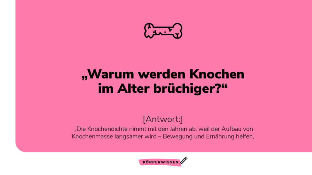 „Warum werden Knochen im Alter brüchiger?“ – Infografik zum Thema Knochendichte und Vorbeugung durch Bewegung und Ernährung.